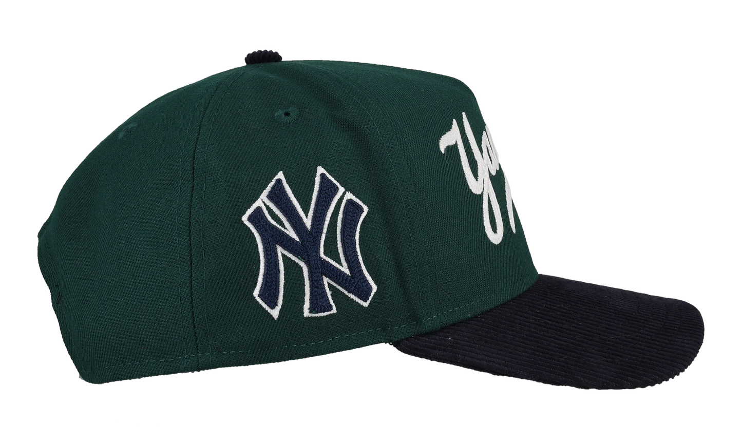 9FIFTY New York Yankees A Frame Snapback Hat "Chainstitch - Corduroy Green / Navy" 44531118407868