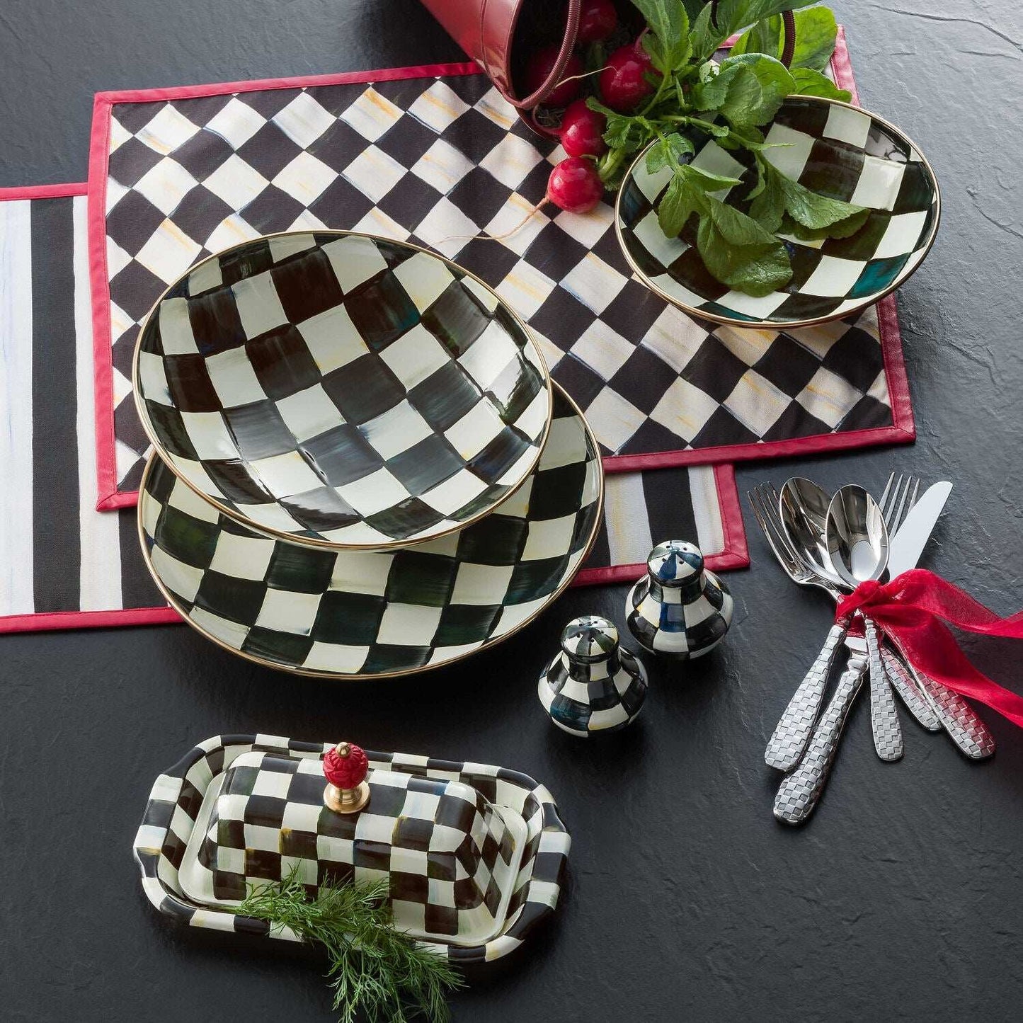 MacKenzie-Childs Courtly Check Enamel Salt & Pepper Shakers