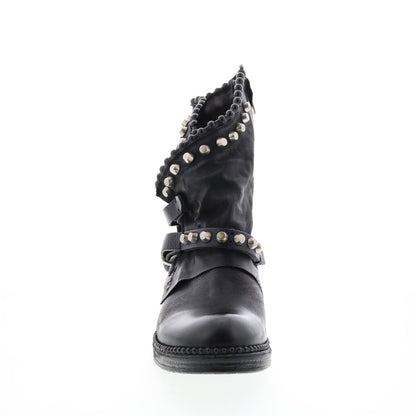 Vianne 250202-102 Womens Black Leather Hook & Loop Mid Calf Boots