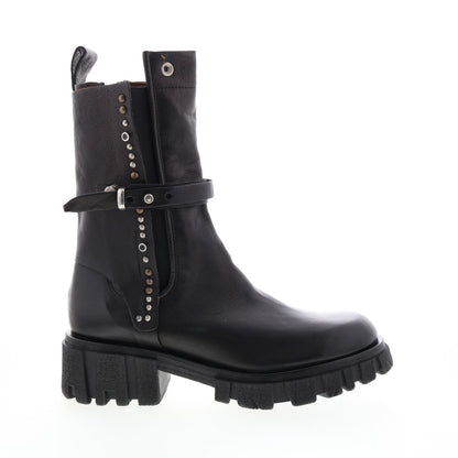 Hallsey A54202-101 Womens Black Leather Hook & Loop Mid Calf Boots
