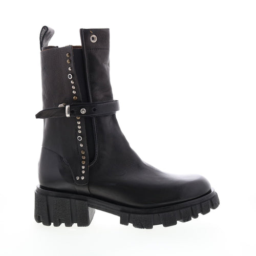 Hallsey A54202-101 Womens Black Leather Hook & Loop Mid Calf Boots