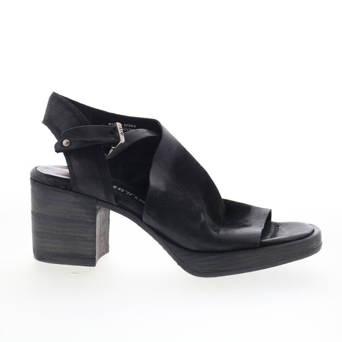 Aston Womens Black Leather Hook & Loop Heeled Sandals Shoes
