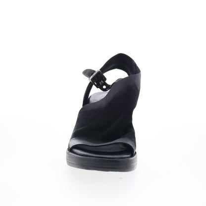 Aston Womens Black Leather Hook & Loop Heeled Sandals Shoes