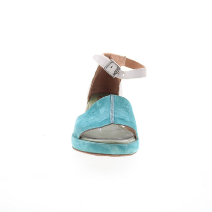 Crue Womens Blue Leather Hook & Loop Heeled Sandals Shoes
