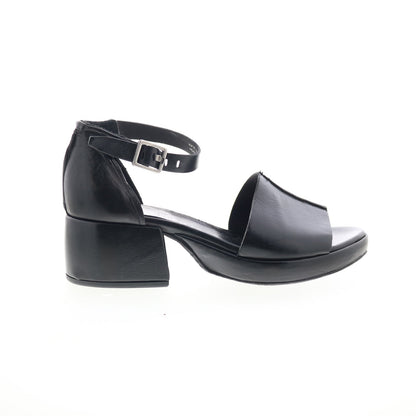 Crue Womens Black Leather Hook & Loop Heeled Sandals Shoes