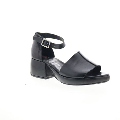 Crue Womens Black Leather Hook & Loop Heeled Sandals Shoes