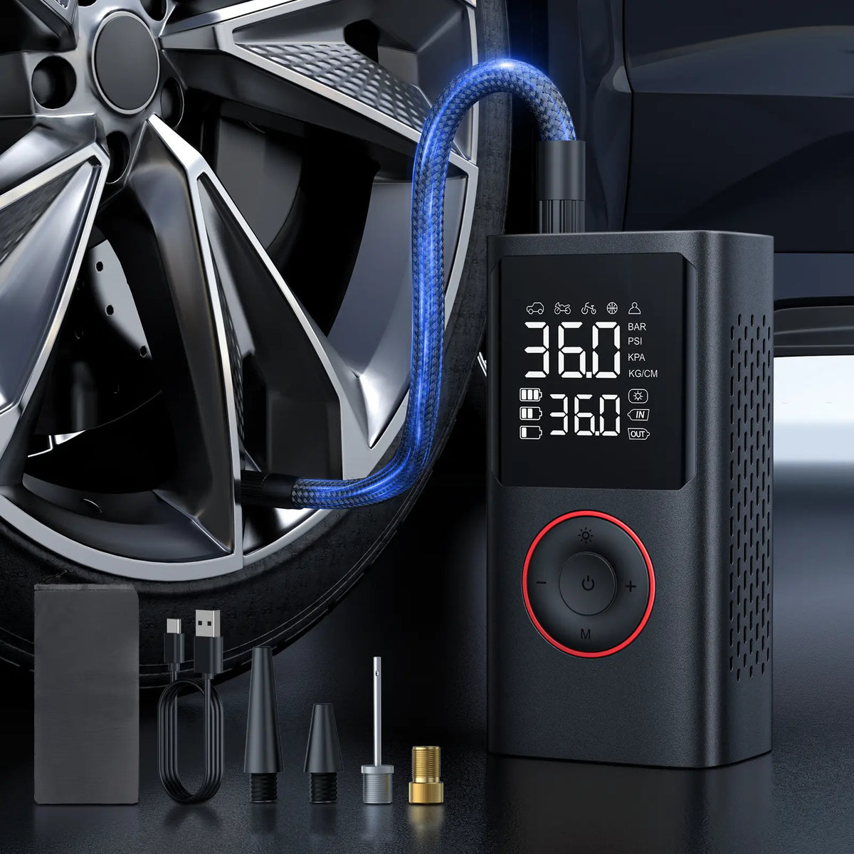 Powools Cordless Tire Inflator Portable Air Compressor with Large Capacity Battery Wireless Digital Display Enhanced Safety Features for Cars & Inflatables