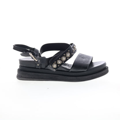 Larkie Womens Black Leather Hook & Loop Platform Sandals Shoes