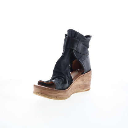 Naya Womens Black Leather Hook & Loop Wedges Sandals Shoes