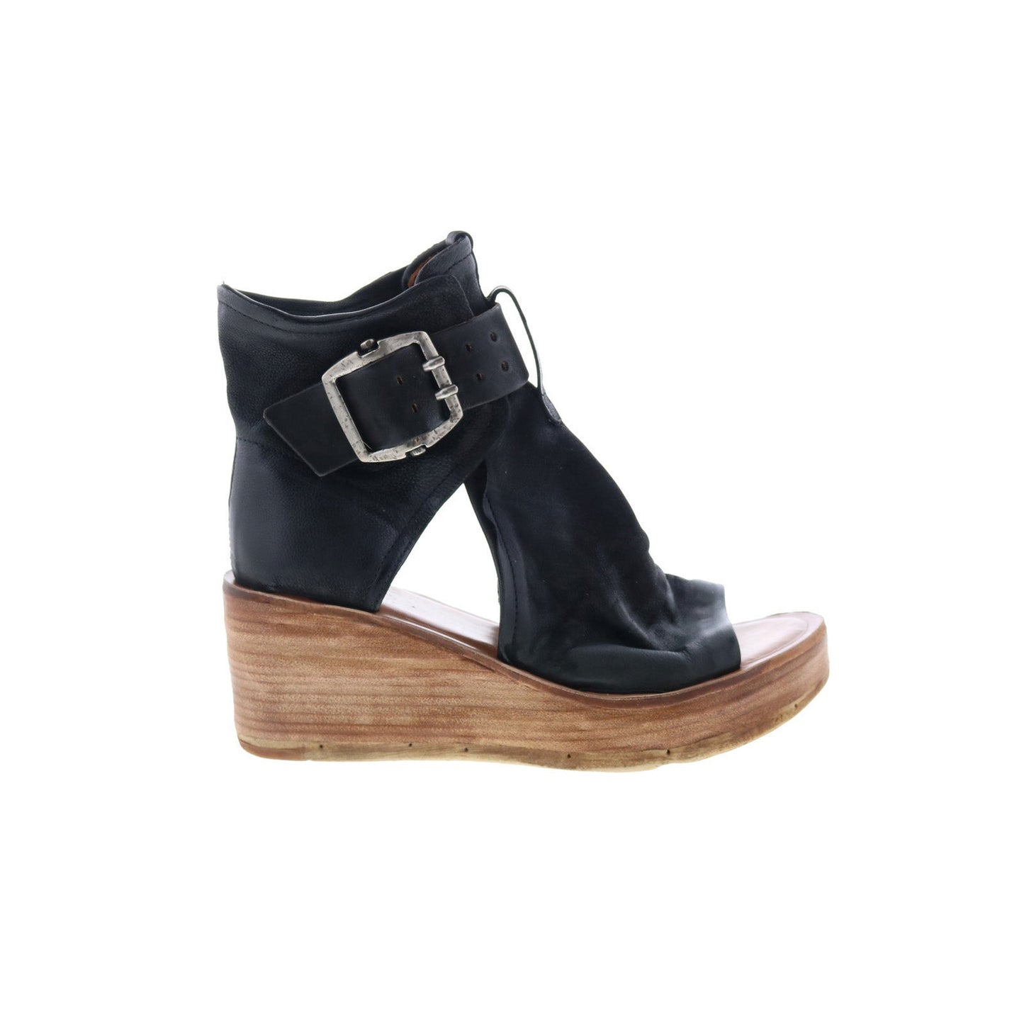 Naya Womens Black Leather Hook & Loop Wedges Sandals Shoes