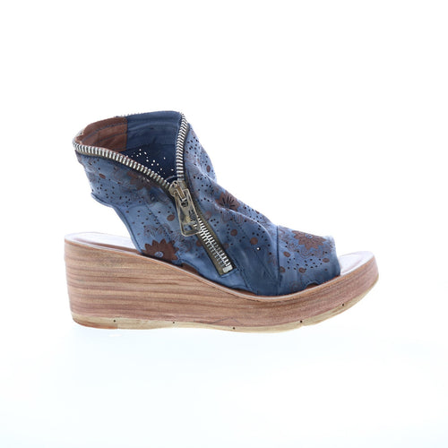 Naylor Floral Womens Blue Leather Zipper Wedges Sandals Shoes