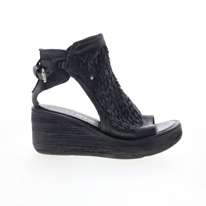 Newbury Womens Black Leather Hook & Loop Wedges Sandals Shoes