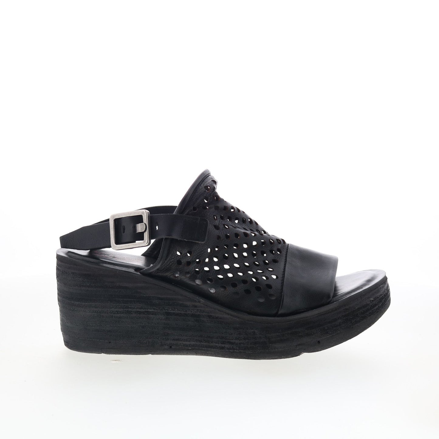 Normie Womens Black Leather Hook & Loop Wedges Sandals Shoes