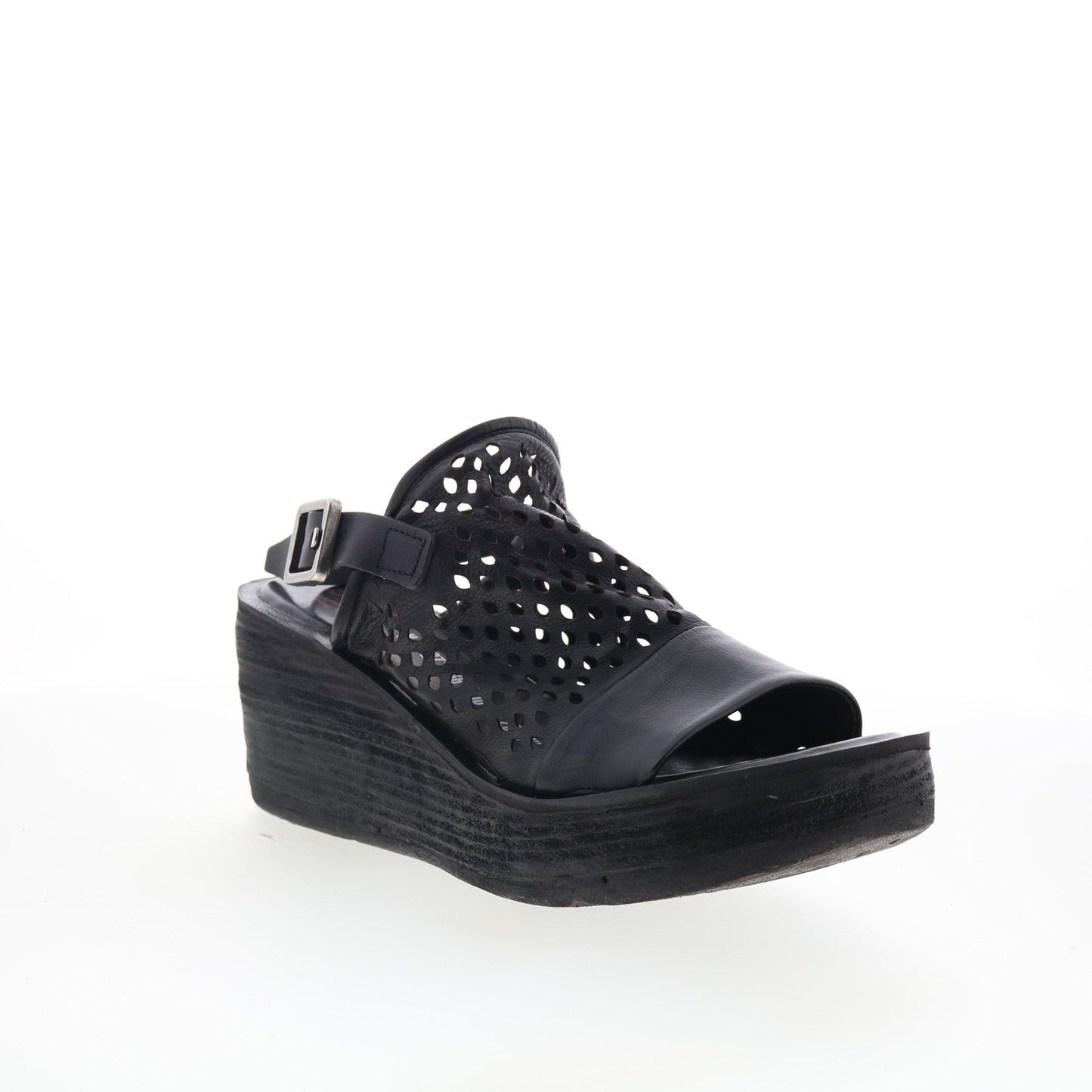 Normie Womens Black Leather Hook & Loop Wedges Sandals Shoes