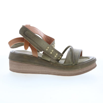 Shiloh Womens Green Leather Strap Wedges Sandals Shoes